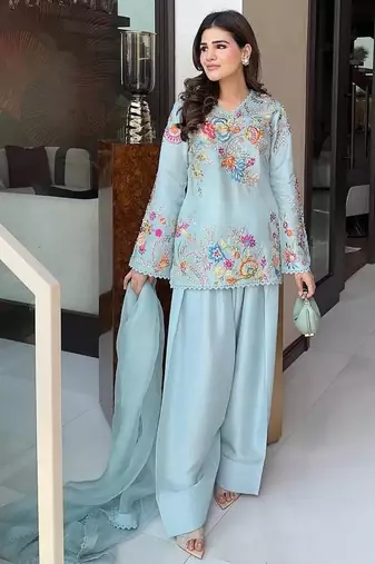sky blue color sequnce and embroidery work silk blend salwar suit