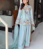sky blue color sequnce and embroidery work silk blend salwar suit