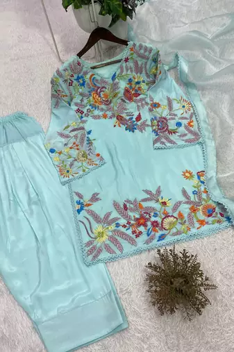 sky blue color sequnce and embroidery work silk blend salwar suit
