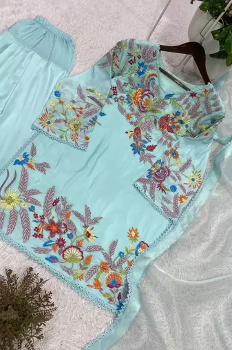 sky blue color sequnce and embroidery work silk blend salwar suit