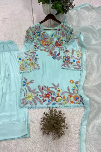 sky blue color sequnce and embroidery work silk blend salwar suit