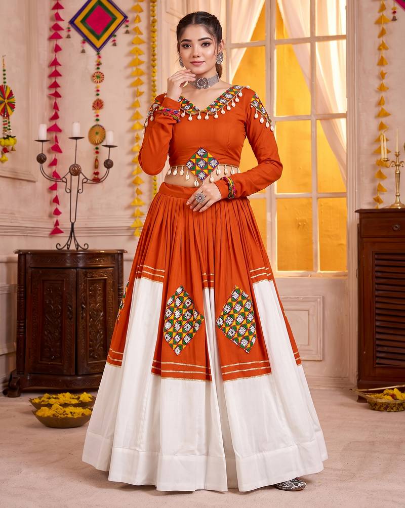 Orange Pure Rayon Navratri Special Premium Designer Lehenga Choli Set