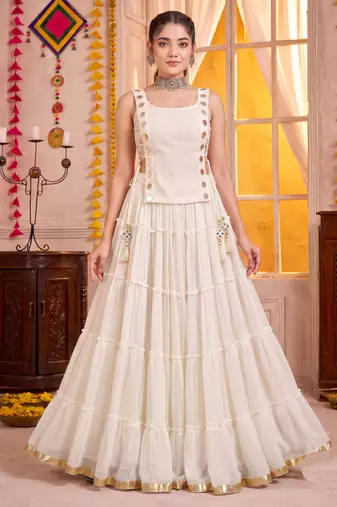 White Georgette Navratri Special Premium Designer Lehenga Choli Set
