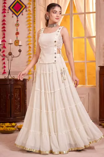 White Georgette Navratri Special Premium Designer Lehenga Choli Set