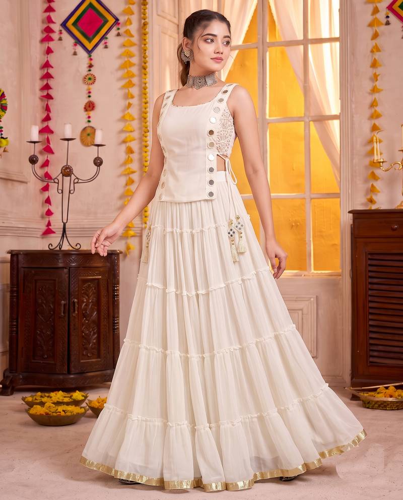 White Georgette Navratri Special Premium Designer Lehenga Choli Set