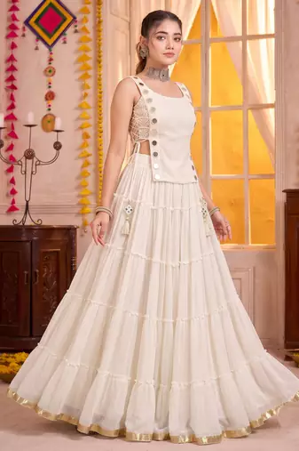 White Georgette Navratri Special Premium Designer Lehenga Choli Set
