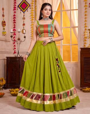 Olive Green Cotton Navratri Lehenga Choli Set 1