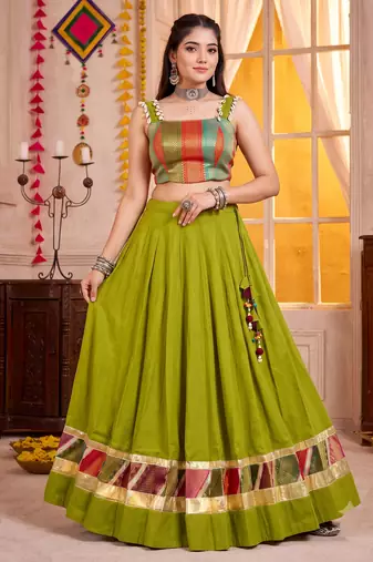 Olive Green Cotton Navratri Lehenga Choli Set