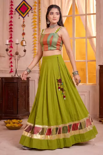 Olive Green Cotton Navratri Lehenga Choli Set