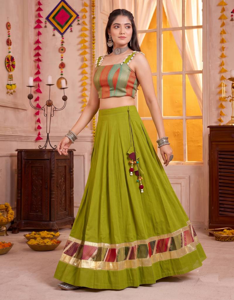 Olive Green Cotton Navratri Lehenga Choli Set