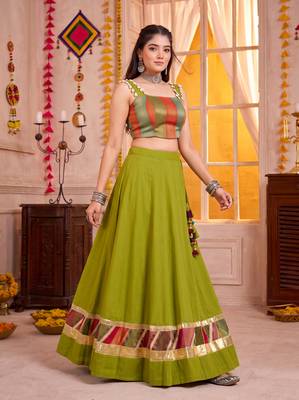 Olive Green Cotton Navratri Lehenga Choli Set 3