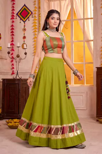 Olive Green Cotton Navratri Lehenga Choli Set
