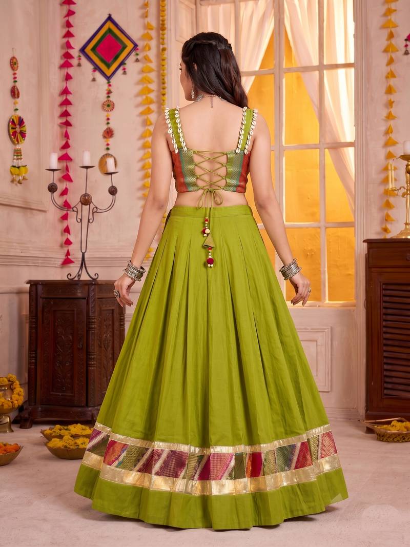 Olive Green Cotton Navratri Lehenga Choli Set