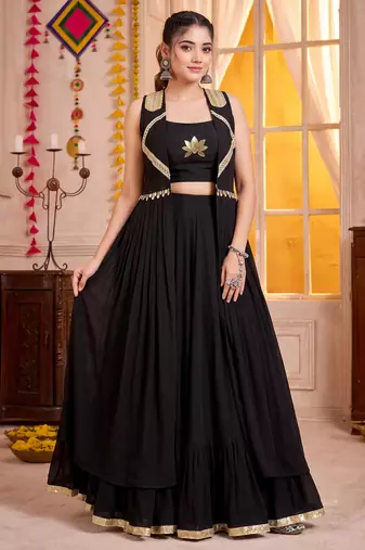 Black Georgette Navratri Special Premium Designer Lehenga Choli With Koti Set