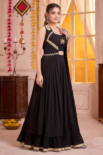 Black Georgette Navratri Special Premium Designer Lehenga Choli With Koti Set