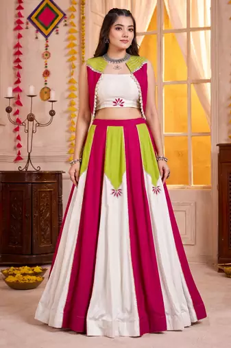 Multicolor Rayon Navratri Lehenga Choli With Koti Set
