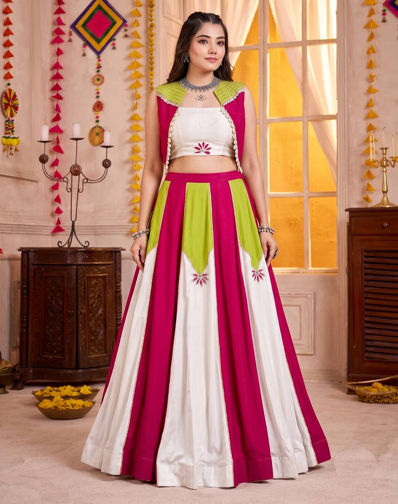 Multicolor Rayon Navratri Lehenga Choli With Koti Set