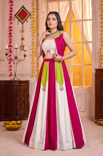 Multicolor Rayon Navratri Lehenga Choli With Koti Set