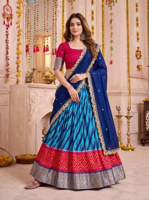 Multicolor Tussar Silk Navratri Lehenga Choli Dupatta Set 1