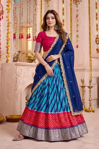 Multicolor Tussar Silk Navratri Lehenga Choli Dupatta Set