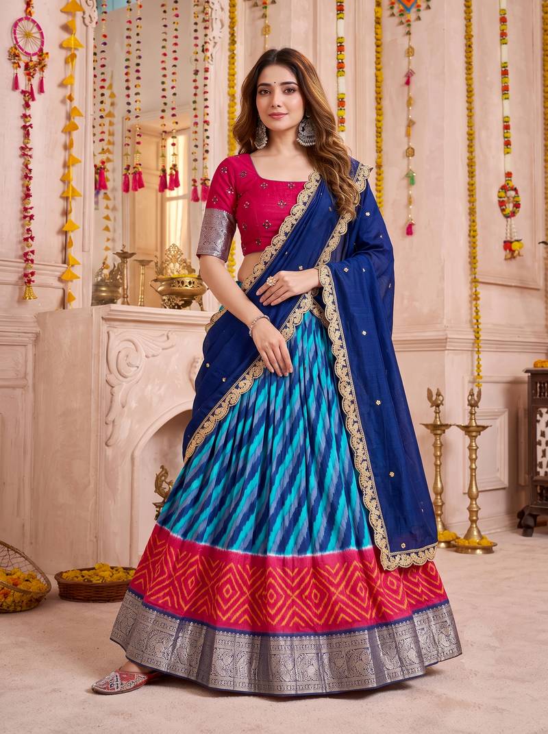Multicolor Tussar Silk Navratri Lehenga Choli Dupatta Set