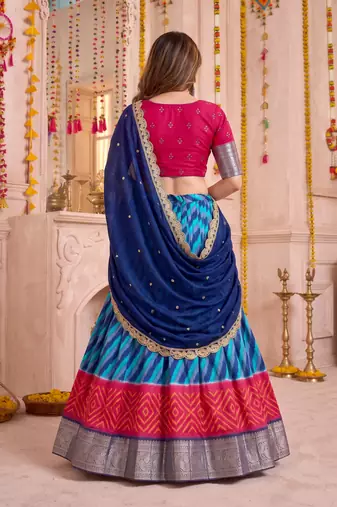 Multicolor Tussar Silk Navratri Lehenga Choli Dupatta Set