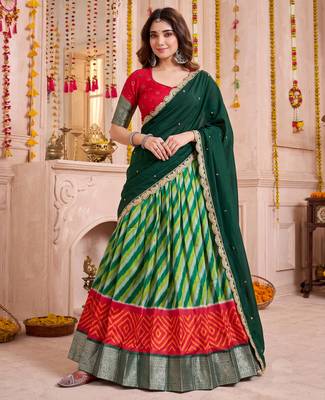 Multicolor Tussar Silk Navratri Lehenga Choli Dupatta Set 1