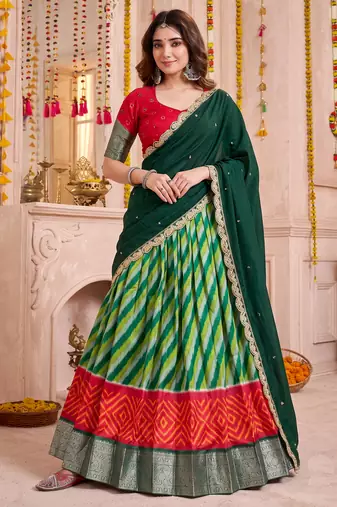 Multicolor Tussar Silk Navratri Lehenga Choli Dupatta Set