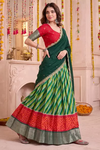 Multicolor Tussar Silk Navratri Lehenga Choli Dupatta Set