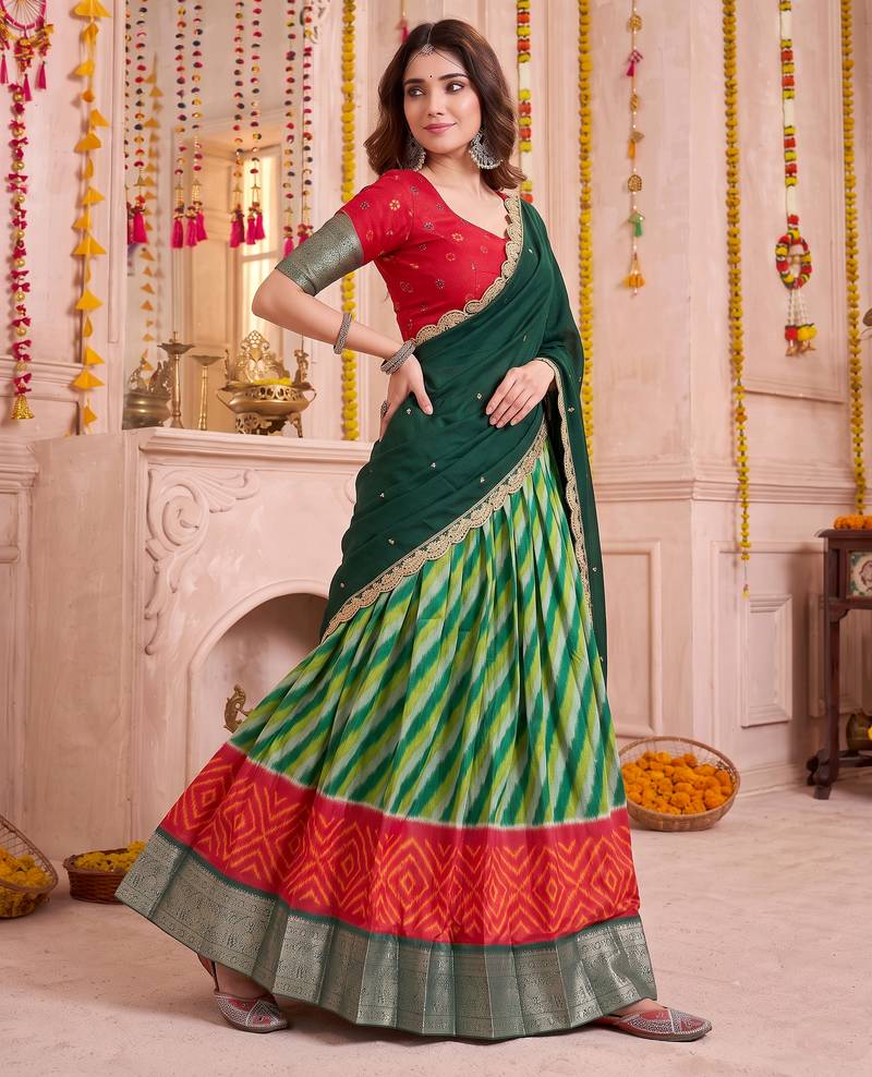Multicolor Tussar Silk Navratri Lehenga Choli Dupatta Set