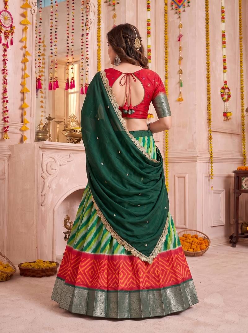 Multicolor Tussar Silk Navratri Lehenga Choli Dupatta Set