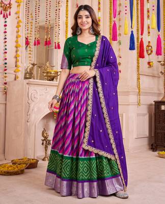 Multicolor Tussar Silk Navratri Special Premium Designer Lehenga Choli Dupatta Set 1