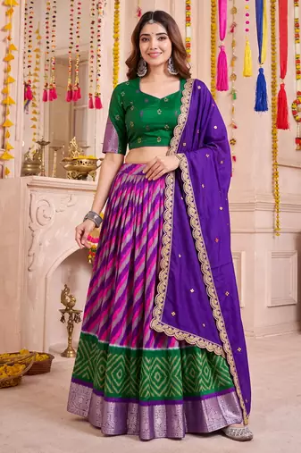 Multicolor Tussar Silk Navratri Special Premium Designer Lehenga Choli Dupatta Set