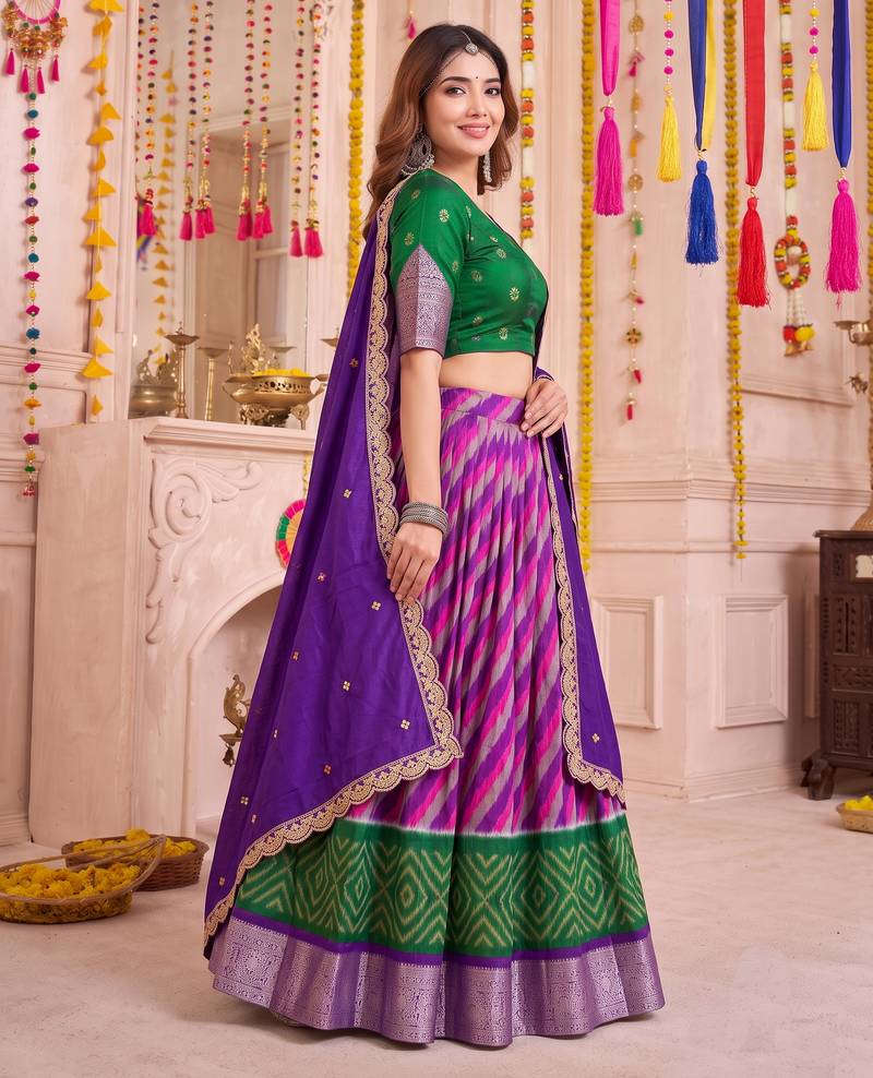 Multicolor Tussar Silk Navratri Special Premium Designer Lehenga Choli Dupatta Set