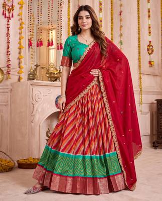 Multicolor Tussar Silk Navratri Lehenga Choli Dupatta Set 1