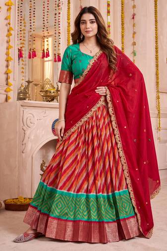 Multicolor Tussar Silk Navratri Lehenga Choli Dupatta Set