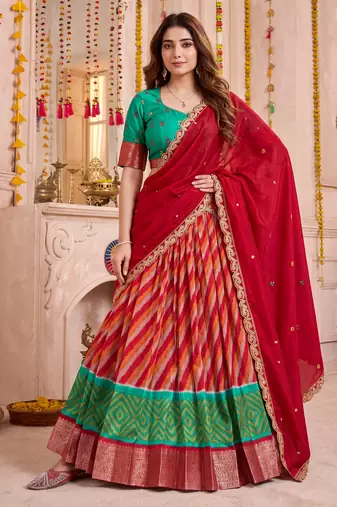 Multicolor Tussar Silk Navratri Lehenga Choli Dupatta Set