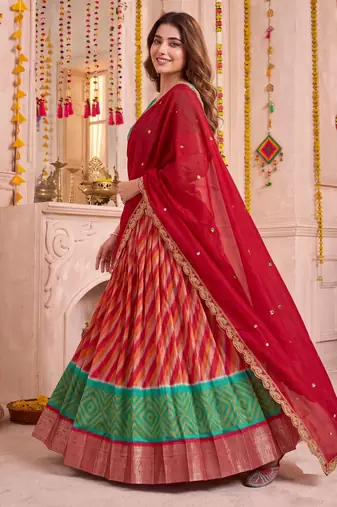 Multicolor Tussar Silk Navratri Lehenga Choli Dupatta Set