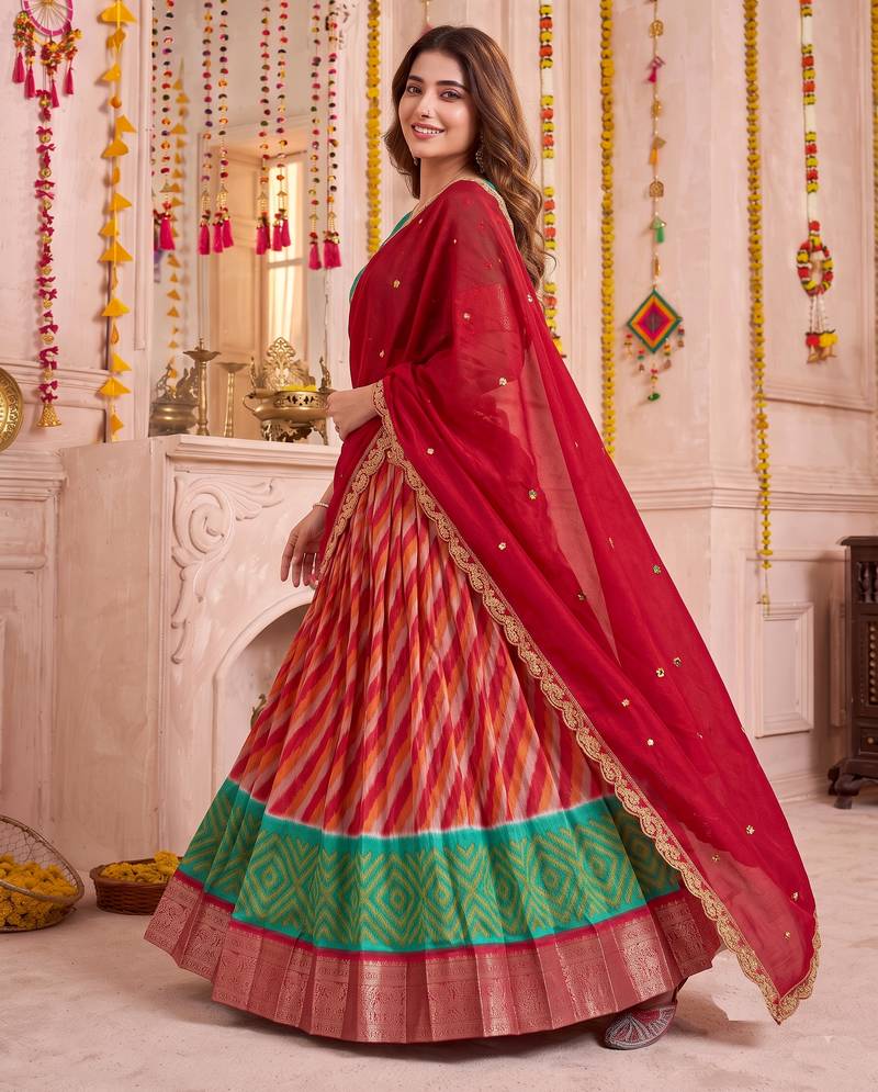 Multicolor Tussar Silk Navratri Lehenga Choli Dupatta Set