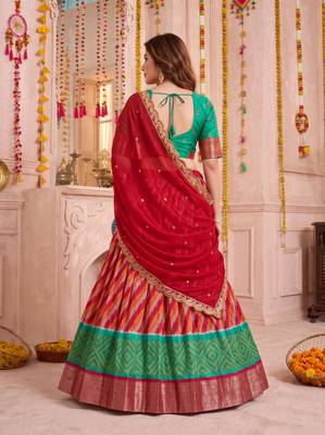 Multicolor Tussar Silk Navratri Lehenga Choli Dupatta Set 3