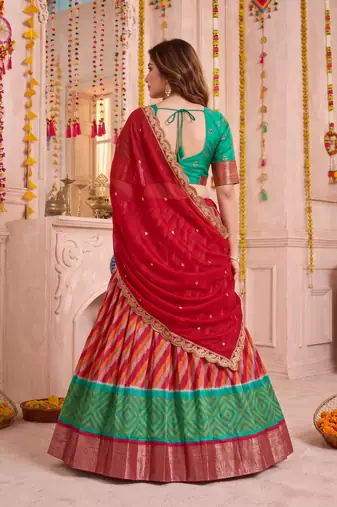 Multicolor Tussar Silk Navratri Lehenga Choli Dupatta Set
