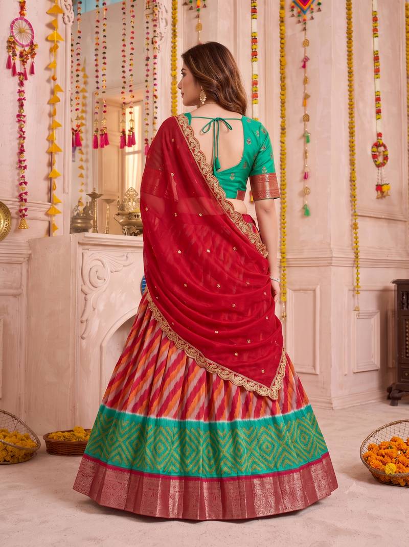 Multicolor Tussar Silk Navratri Lehenga Choli Dupatta Set
