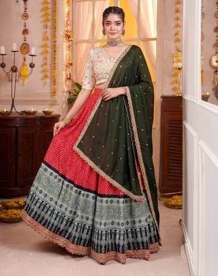 Red Rayon Navratri Lehenga Choli Dupatta Set 1