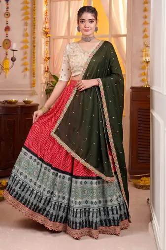 Red Rayon Navratri Lehenga Choli Dupatta Set