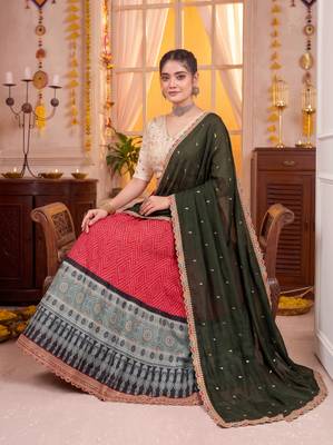 Red Rayon Navratri Lehenga Choli Dupatta Set 2