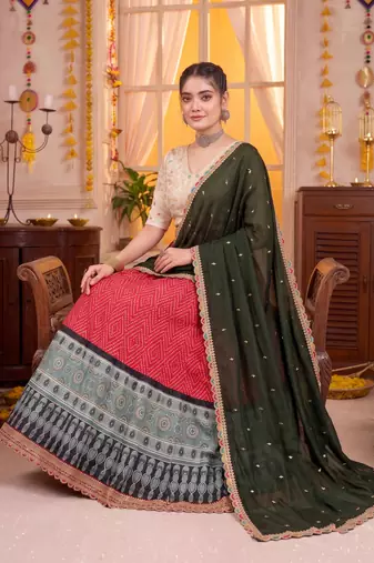 Red Rayon Navratri Lehenga Choli Dupatta Set