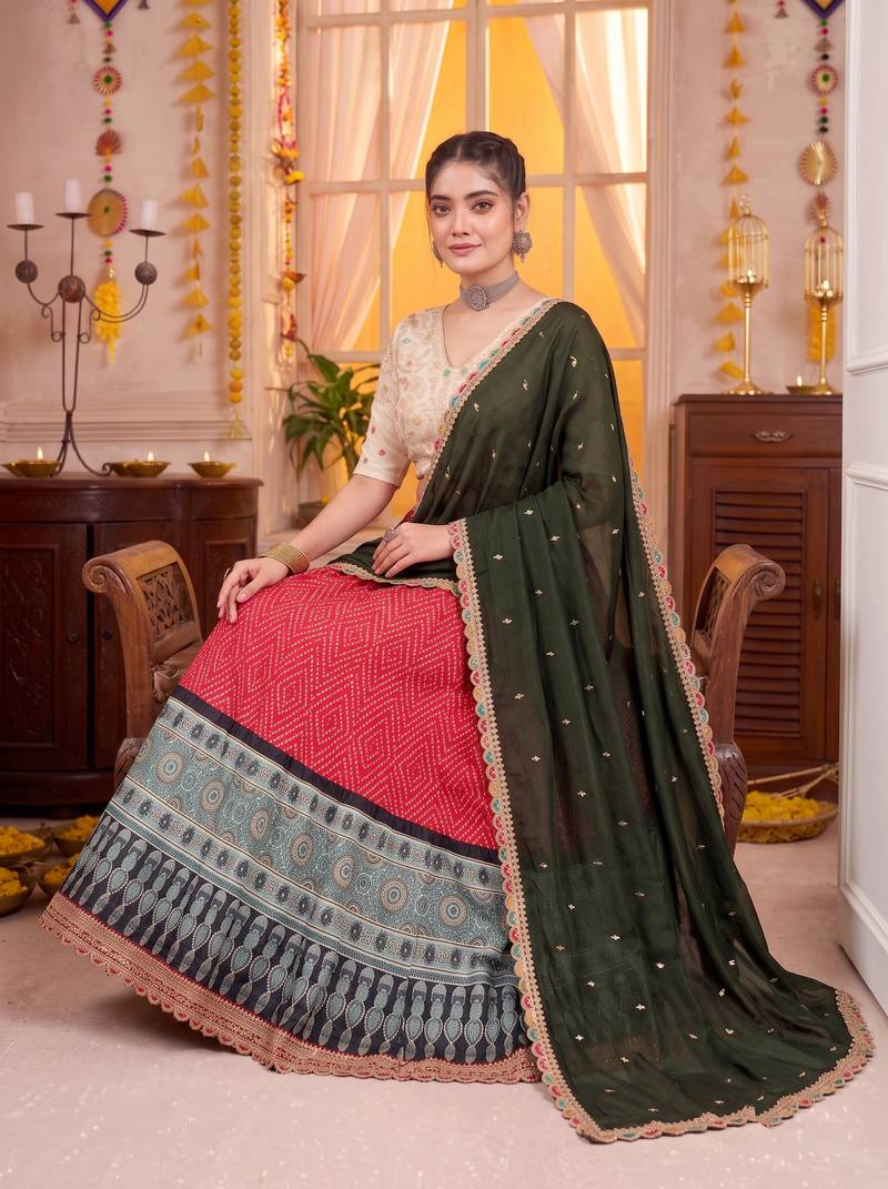 Red Rayon Navratri Lehenga Choli Dupatta Set
