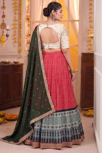 Red Rayon Navratri Lehenga Choli Dupatta Set