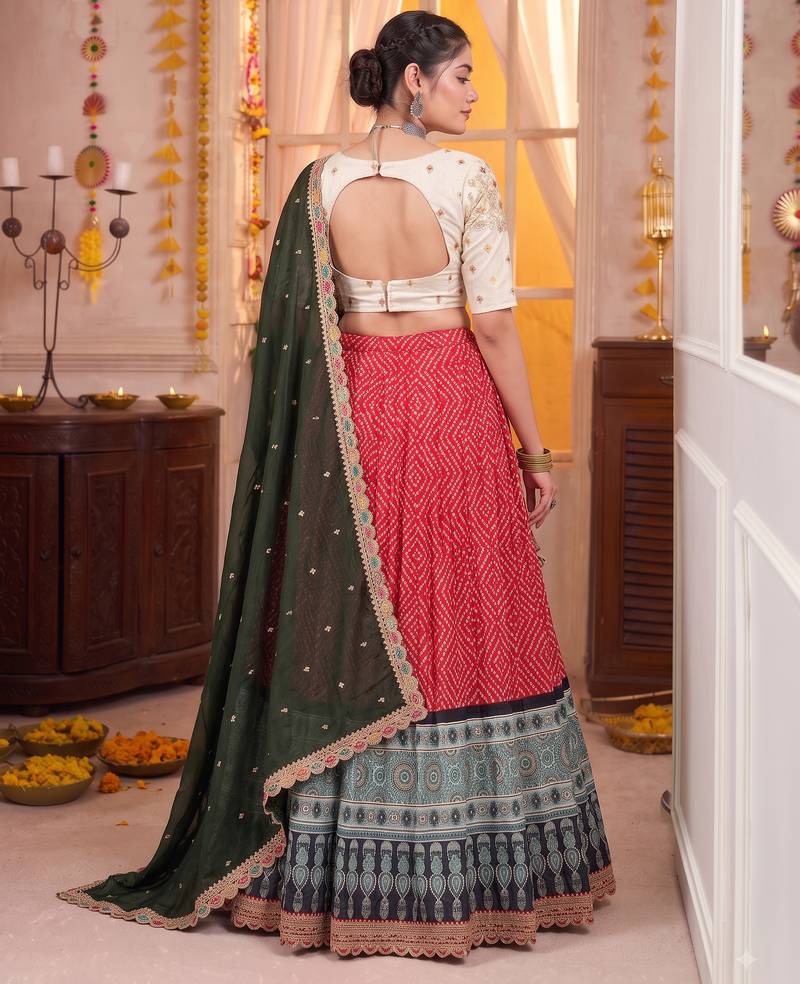 Red Rayon Navratri Lehenga Choli Dupatta Set