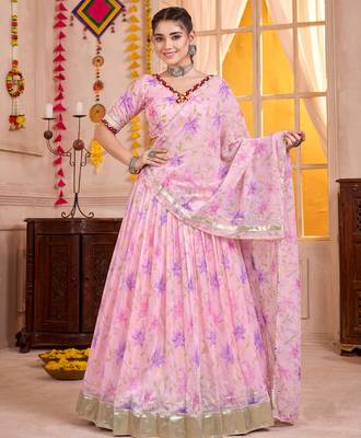 Baby Pink Tabby Silk Navratri Lehenga Choli Dupatta Set 1